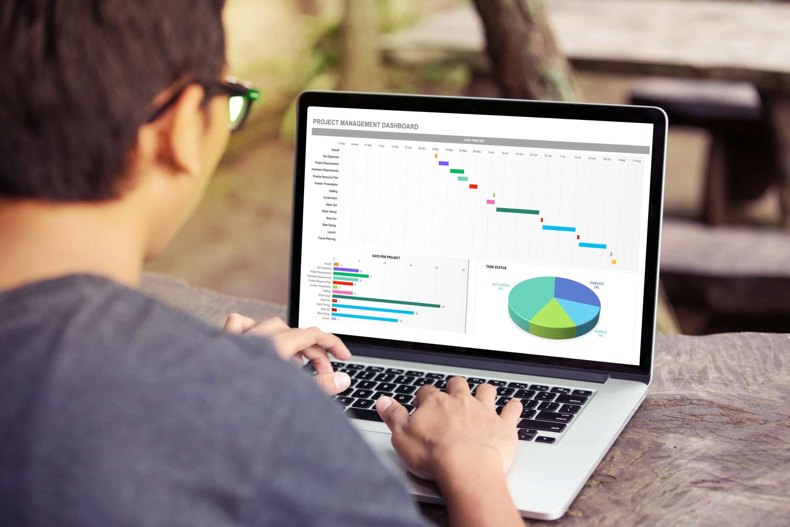 Man working with excel project dashboard on laptop / computer at
