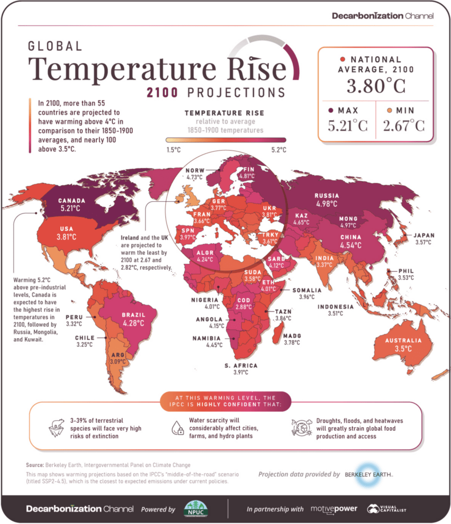 An interactive map to show the projected global temperatures by country between 2022 and 2100.