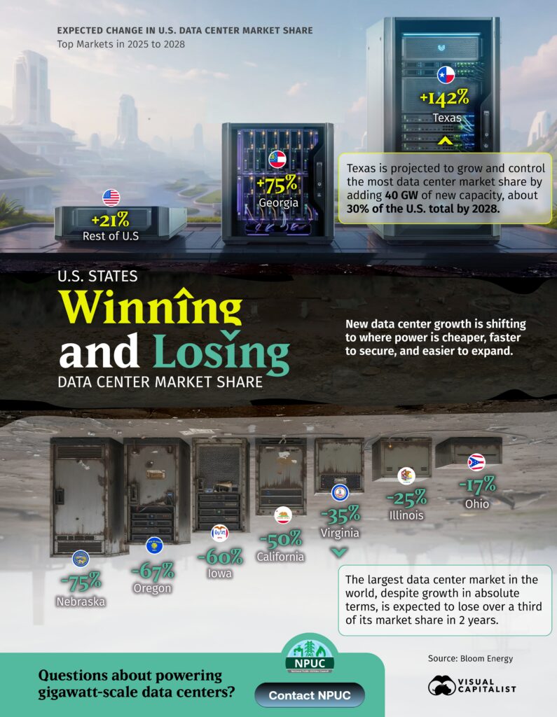 U.S. data center market share growth by state (2025–2028), led by Texas and Georgia, with declines in California, Virginia, and Oregon.